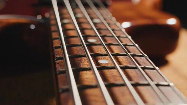 Fretboard detail of a bass guitar showing strings and wood grain close-up in a detailed look