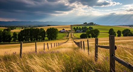 Obraz premium Scenic rural landscape with a long fence leading to a farm
