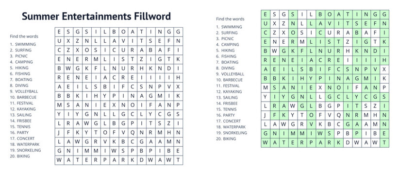 Printable word search fillword puzzle Summertime with solution on transparent background for kids books, table games and websites