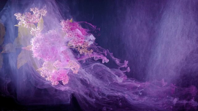 Abstract wisps of pink and purple smoke drift across a dark background, with soft glowing haze and fluid motion spreading from left to right in a moody