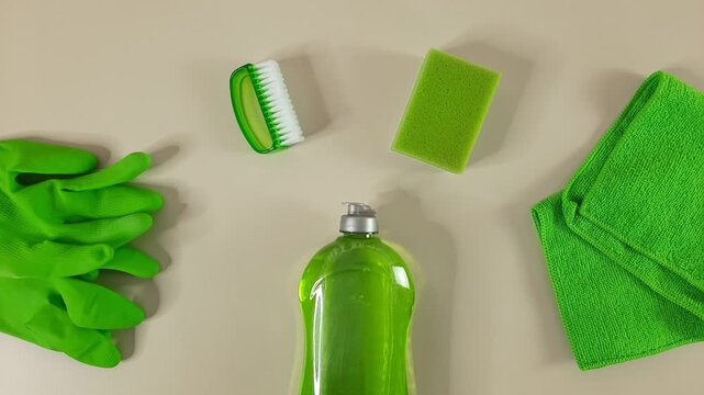 Stop motion animation of green cleaning supplies appearing. Detergent bottle, sponge, cloth, brush and rubber gloves arranged as household cleaning kit. Concept of eco cleaning, recycling