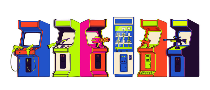 Retro arcade game machines vector illustration of colorful vintage cabinet consoles with light gun controllers, target shooting gallery games, pistols, and laser blasters isolated on white.