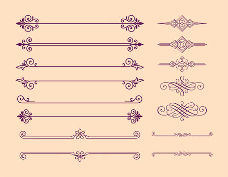 Purple calligraphic dividers and geometric line separators set on light cream background.