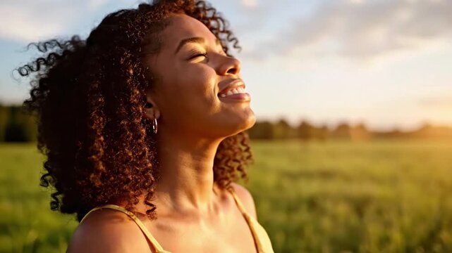 Latina black woman enjoys time in a field while looking at the sky during sunset