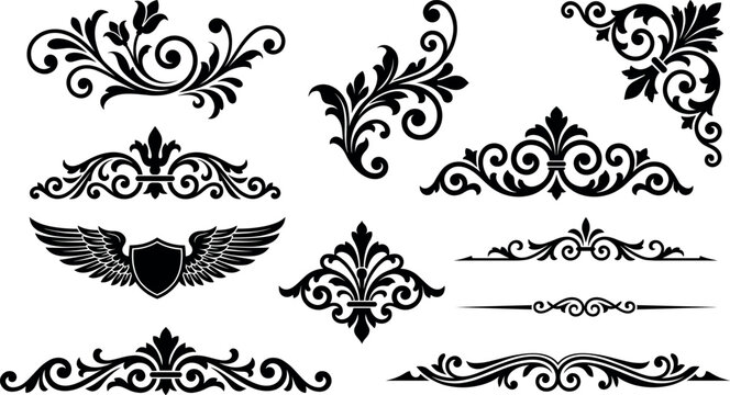 Vintage floral ornaments collection with elegant decorative scrolls and filigree elements.