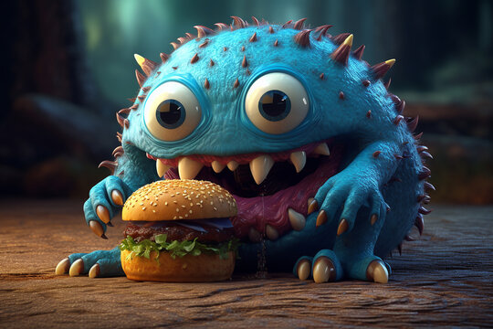 Monster is eating a hamburger. The monster is blue and has a big smile on its face