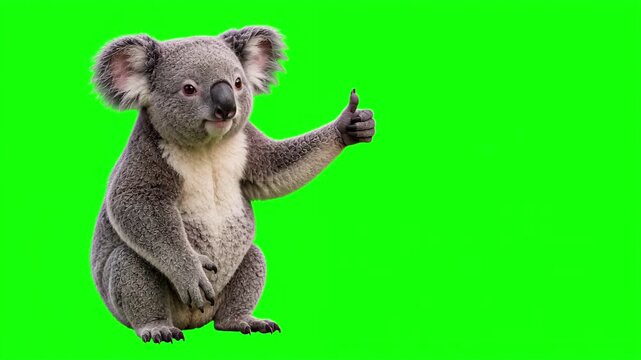 Realistic 3D koala giving thumbs up gesture with subtle smile, isolated on chroma key green screen background. Real animal character. Photorealistic