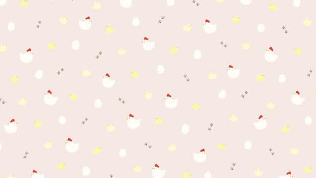 Pattern with chickens chicks and eggs on pink beige background