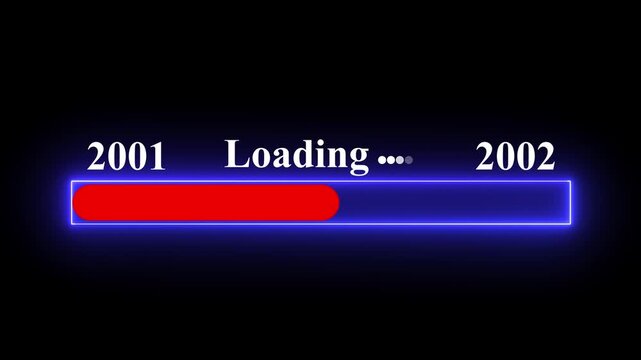 New year 2002 loading bar animation Year changing from 2001 to 2002. Motion graphics of year change concept with black background.