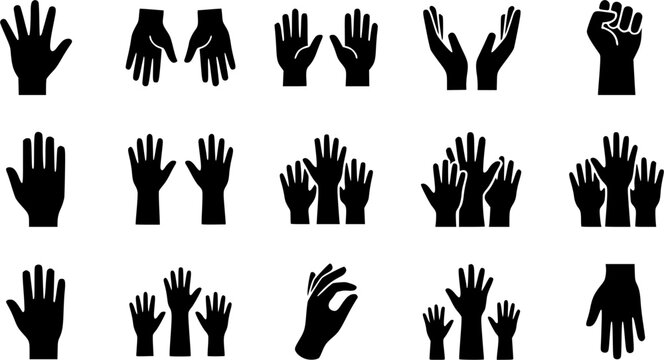 Raised hands silhouette icon set, flat black glyph style, pure white background