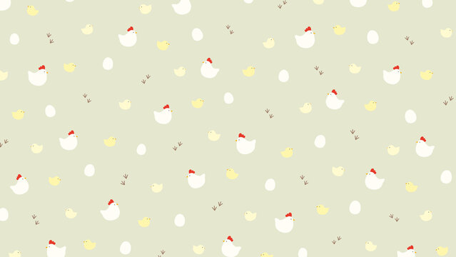 Pattern with chickens chicks and eggs on sage green background