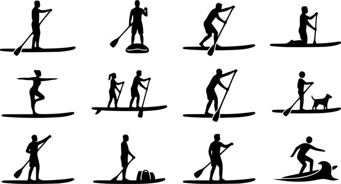 Paddle boarding silhouette icon set, flat black glyph style, pure white background