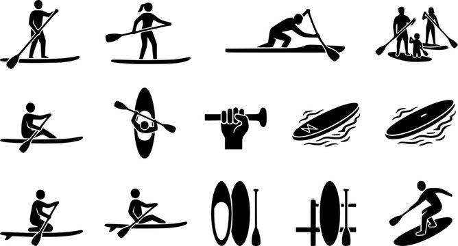 Paddle boarding silhouette icon set, flat black glyph style, pure white background