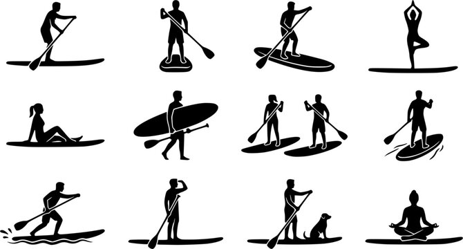 Paddle boarding silhouette icon set, flat black glyph style, pure white background