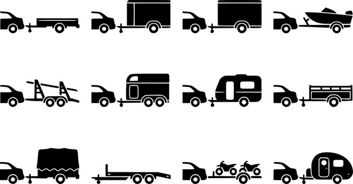 Car trailer silhouette icon set, flat black glyph style, pure white background