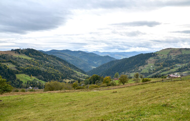 Obraz premium Peaceful mountain village nestled in a green valley with traditional wooden huts, haystacks, rolling pastures and dense forests under a dramatic cloudy sky. Carpathian Mountains, Ukraine