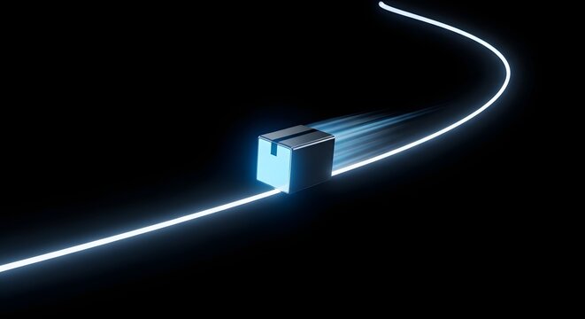 A metallic 3D box moving fast on a glowing light path in a dark environment, symbolizing speed, logistics, digital delivery, and modern freight technology.