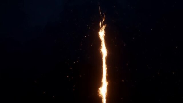 Slow motion tracking shot of vertical flame streak rising and flickering against dark void background with glowing sparks and embers