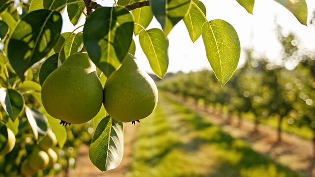 Green pears hanging on a tree branch in sunshine.