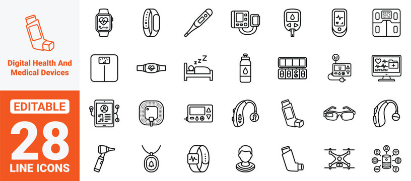Digital Health and Medical Devices Icon Set. Smart Watch, Fitness Tracker, Blood Pressure Monitor, Glucose Meter, Hearing Aid, Inhaler, and Wearable Tech Line Vector Art