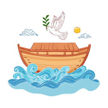 Noah's Ark with Dove carrying Olive Branch on Water