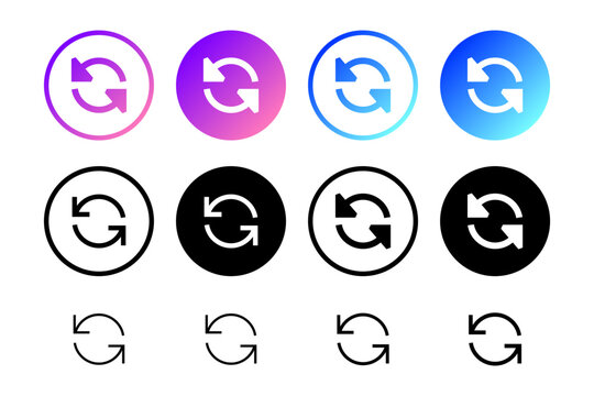 Gradient Refresh Circle Button Icon Pack. Refresh arrow icon sheet with gradient circle buttons plus filled and outline styles for reload, sync, update, repeat, and UI design.