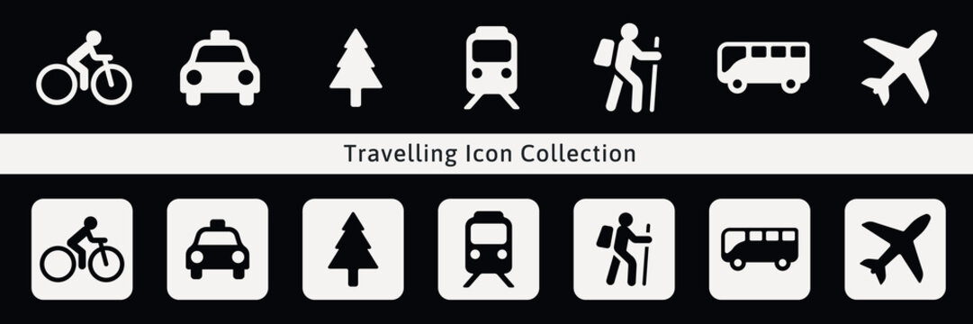 Vector icons of travel modes: bike, taxi, tree, train, hiker, bus, airplane.