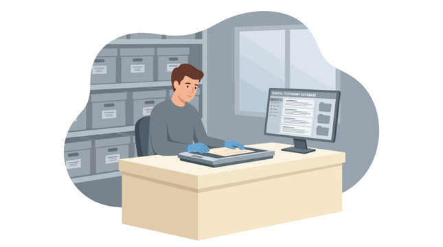 Man Digitizing Paper Documents into a Digital Archival Database