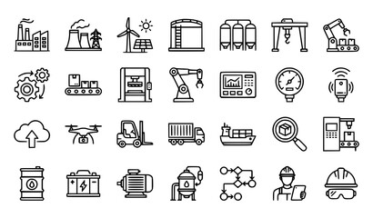 Fototapeta premium Minimal Industrial Factory Icon Pack Trendy Line Manufacturing Symbols Editable Vector Collection