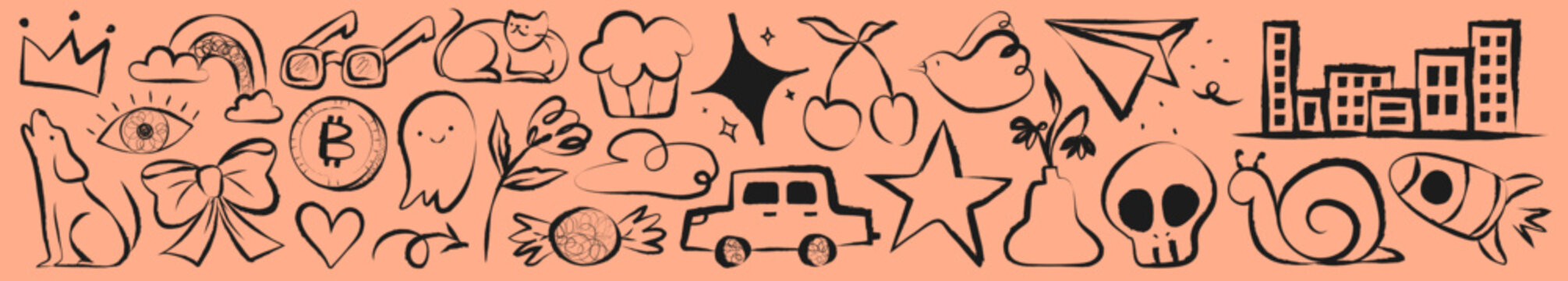 Vector of playful doodles: animals, objects, and symbols on a peach background.