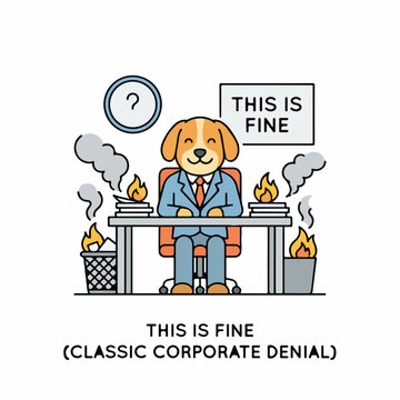 Corporate Denial Concept Illustration with Cartoon Dog in Suit at Burning Desk Representing Office Stress and Burnout
