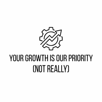 Corporate Humor Illustration with a Gear Growth Arrow Icon and Sarcastic Text About Prioritizing Client Success
