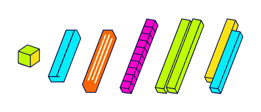 Base ten blocks math manipulatives for educational learning, colorful isometric 3D cubes and rods set isolated on white background, school math teaching aids, geometry counting tools vector graphic