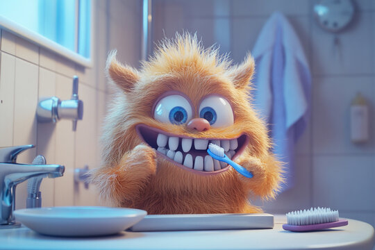 Cute cartoon monster brushing teeth with toothbrush in bathroom, hygiene and morning routine concept. character in bathroom holding toothbrush, promoting dental care, healthy hygiene habits for kids