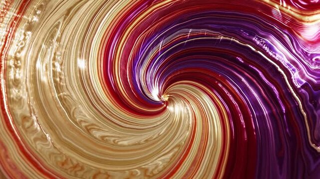 Slow motion top down pan of metallic paint swirl rotating into vortex on tabletop studio with glossy gold purple marbling