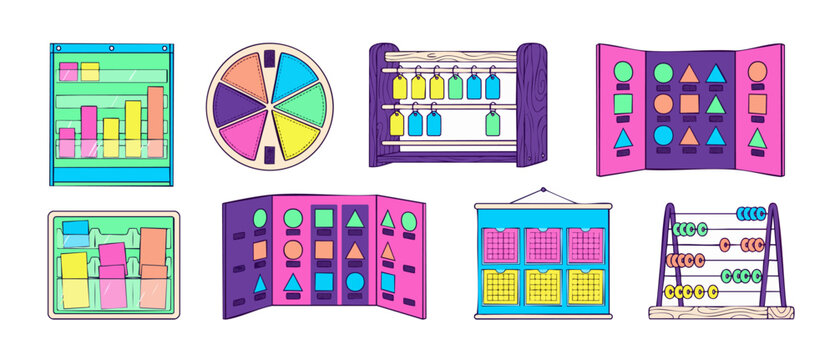 Classroom math educational charts set for preschool teaching, kindergarten learning activities, shape sorting board, colorful abacus, fraction circle, pocket organizer, flat vector illustrations pack.