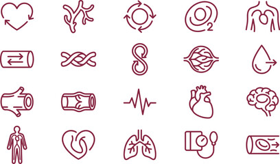 Plakat Minimalist vector illustration set depicting essential human cardiovascular system health icons in bold maroon lines