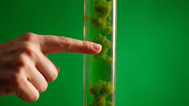 Scientist pointing at green algae culture in laboratory glass tube.