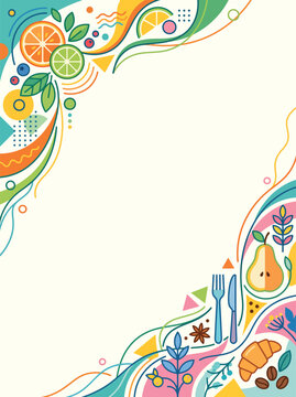 Colorful abstract food frame with citrus and pastry line art for restaurant menu backgrounds