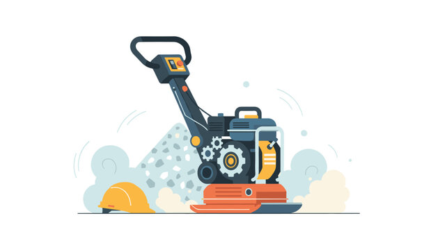 Industrial plate compactor with visible mechanical gears rests near a yellow hard hat amidst swirling dust on a job site.