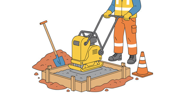 Construction worker in high visibility vest operates a plate compactor inside a wooden concrete formwork frame on site.