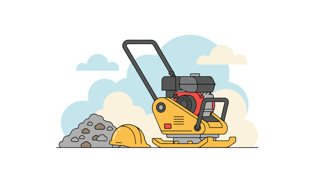 Plate compactor machine sits beside a pile of loose grey gravel and a yellow hard hat on a flat construction site surface area.