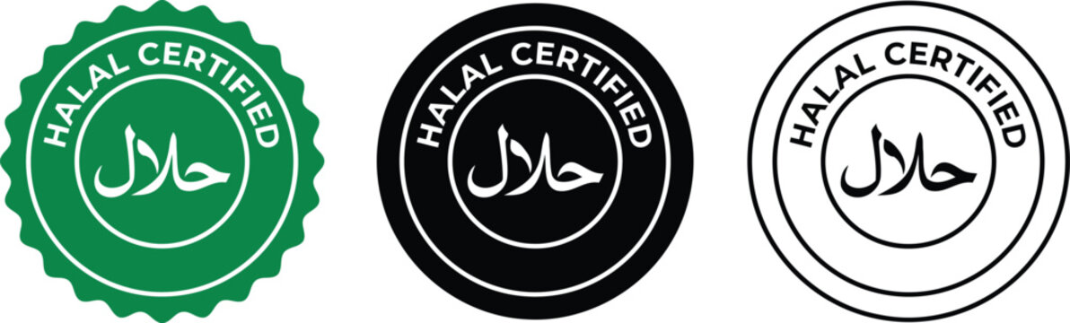 Halal Certified Badge Vector Collection with Arabic Calligraphy Text Logo in Green Black and Outline Circular Seals