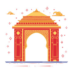 Fototapeta premium Ornate Red and Yellow Archway with Clouds and Stars