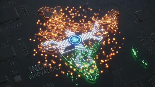 Glowing India map on circuit board with digital innovation technology and energy network