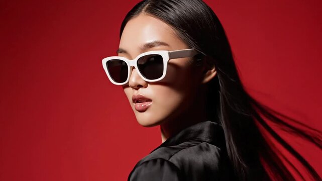Young model wears sunglasses outdoors during bright day showcasing style and confidence against a solid red background