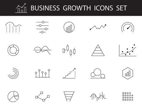 Graph and Charts web icons in line style. Graphics, infographic, statistics, data, diagrams, economy reduction, finance, arrow, business, increase, decrease. Editable stroke. Vector illustration.