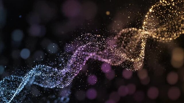 Bubbles and particles dance in a colorful light display within a dark background