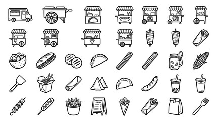 Naklejka premium Street food icon set featuring various snacks carts and cooking utensils