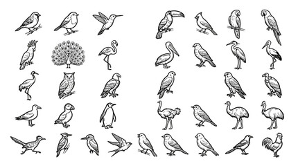 Fototapeta premium Diverse collection of hand-drawn stylized birds in various poses
